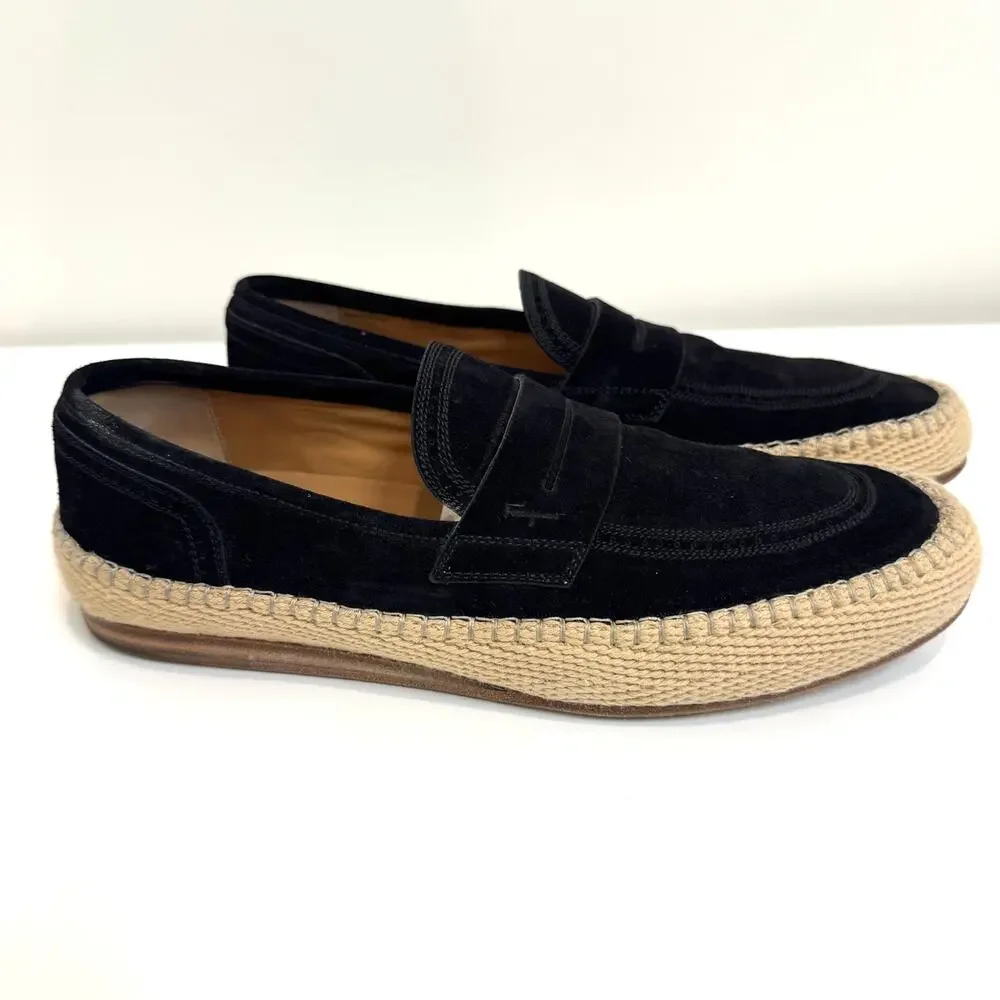 Salvatore Ferragamo Black Suede Espadrille Penny Loafer 10 Woven Leather Shoes